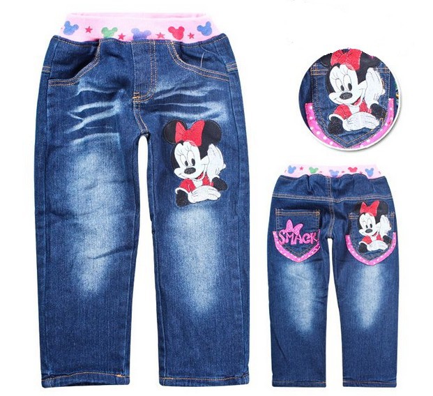 Free shipping,Wholesale 5pcs 2012 Winter children's jeans, girls Cartoon Minnie thicken denim pants, kids long trousers