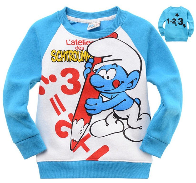 Free shipping, Wholesale 6pcs Kids Boys Girls Smurfs long sleeve t-shirt/ hoodies, kids baby girls Smurfs hood,kid cartoon coat