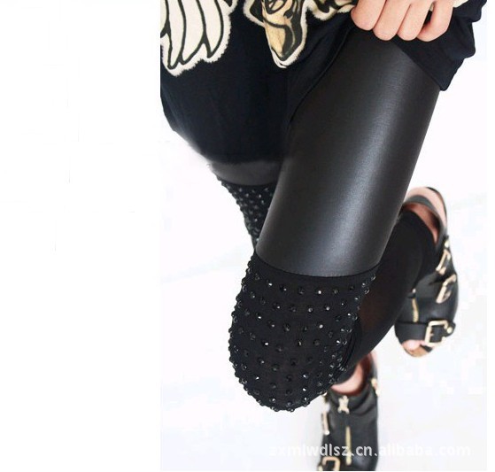 free shipping wholesale 6pcs/lot  autumn faux leather modal cotton rivet gauze patchwork legging ankle length trousers
