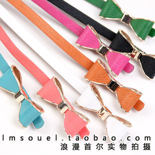 free shipping wholesale 9pcs 2012 summer new fashion women candy thin pu leather belt bow strap cowskin dress belts 9-color