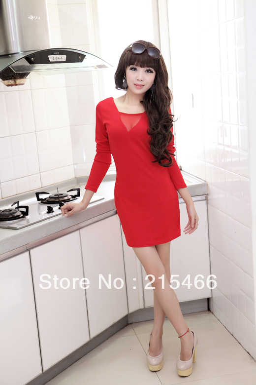 Free Shipping Wholesale and Retail 2012 Autumn New Arrival Lady Red Sexy Slim Long-sleeve Dress