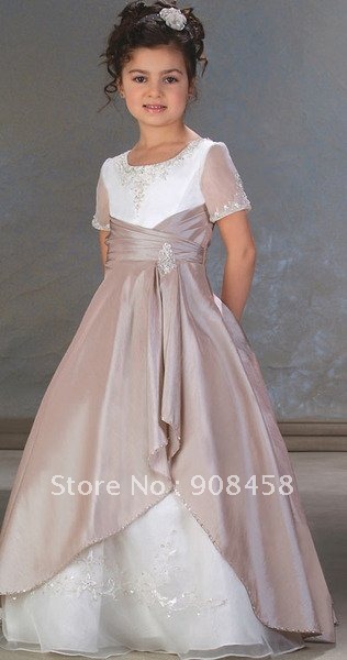 Free Shipping Wholesale Ball Gown Floor-length Taffeta and Organza Beaded Flowergirl Dress
