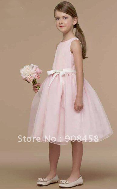 Free Shipping Wholesale Ball Gown Scoop Tea-length Organza Flowergirl Dress with Sash/Ribbo