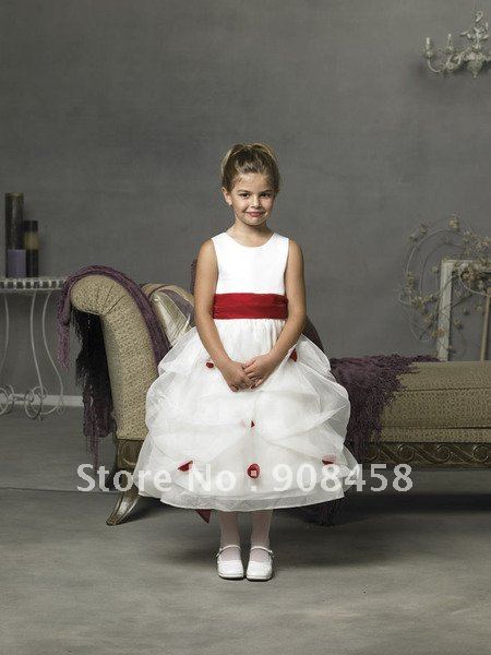 Free Shipping Wholesale Ball Gown Scoop Tea-length Sleeveless Organza Flowergirl Dress with Sashes