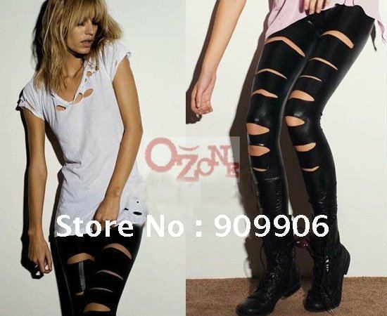 FREE SHIPPING Wholesale Black Pu leather Regular Broken Hole  Fashion Punk Style Women leggings