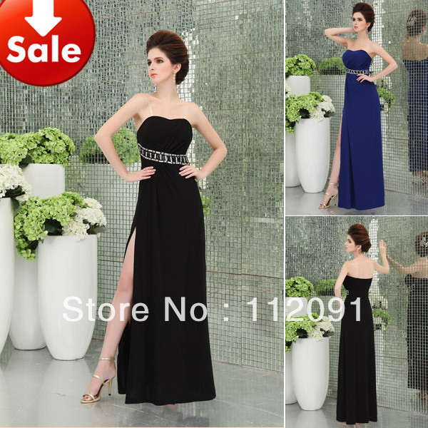 Free shipping Wholesale Cheap Sexy Front Slit Black Royal Blue Beads Long Cocktail Party Prom Formal Evening dresses 2013