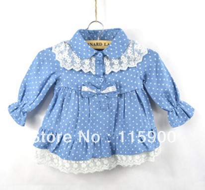 free shipping wholesale children blue polka dot lace cotton blouses 5 piece/lot
