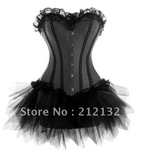 Free Shipping Wholesale Corset black  corset with lace ruffle trim Corset Sexy Busiter Sexy Lingerie S-2XL (W3307-1)