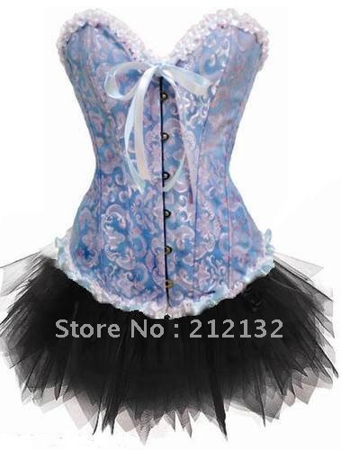 Free Shipping Wholesale Corset blue brocade corset with lace ruffle trim Corset Sexy Busiter Sexy Lingerie S-2XL (W3302-4)