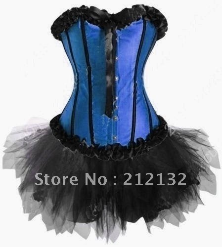 Free Shipping Wholesale Corset blue brocade corset with lace ruffle trim Corset Sexy Busiter Sexy Lingerie S-2XL (W3304-1)