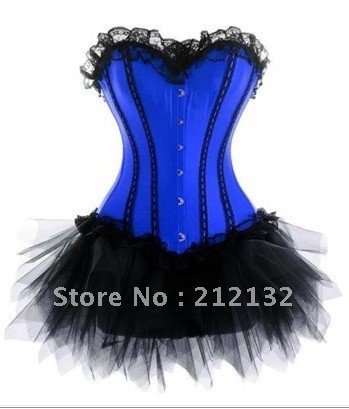 Free Shipping Wholesale Corset Blue corset with lace ruffle trim Corset Sexy Busiter Sexy Lingerie S-2XL (W3307-4)