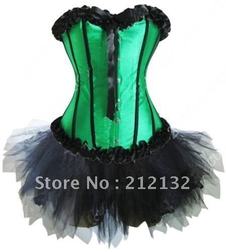 Free Shipping Wholesale Corset Green corset with lace ruffle trim Corset Sexy Busiter Sexy Lingerie S-2XL (W3304-2)