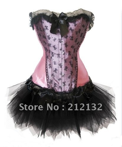 Free Shipping Wholesale Corset Pink & Black  corset with lace ruffle trim Corset Sexy Busiter Sexy Lingerie S-2XL (W3305-2-2)