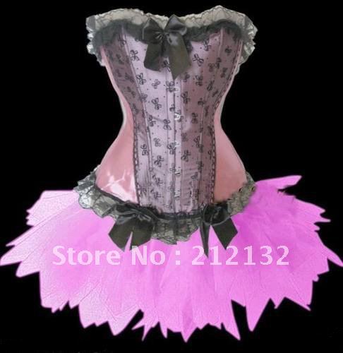 Free Shipping Wholesale Corset Pink & Black  corset with lace ruffle trim Corset Sexy Busiter Sexy Lingerie S-2XL (W3305-2-3)