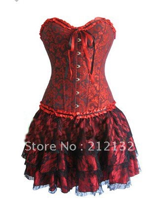 Free Shipping Wholesale Corset red brocade corset with lace ruffle trim Corset Sexy Busiter Sexy Lingerie S-2XL (W3302-5)