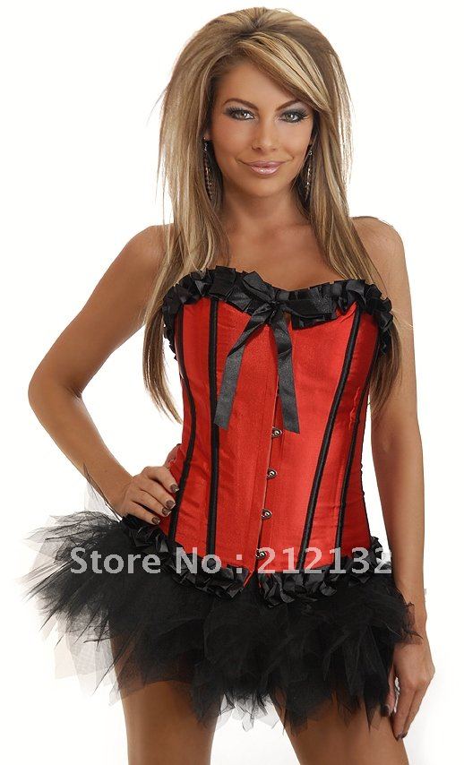 Free Shipping Wholesale Corset Red corset with lace ruffle trim Corset Sexy Busiter Sexy Lingerie S-2XL (W3304-4)