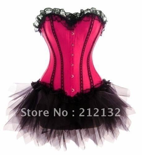Free Shipping Wholesale Corset Red  corset with lace ruffle trim Corset Sexy Busiter Sexy Lingerie S-2XL (W3307-2)