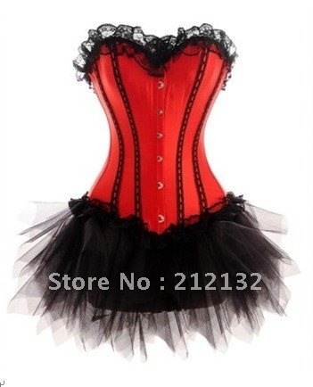Free Shipping Wholesale Corset Red corset with lace ruffle trim Corset Sexy Busiter Sexy Lingerie S-2XL (W3307-5)