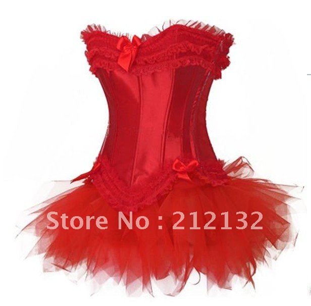 Free Shipping Wholesale Corset Red corset with lace ruffle trim Corset Sexy Busiter Sexy Lingerie S-2XL (W3308-3)