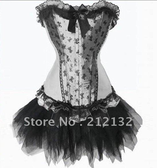 Free Shipping Wholesale Corset white corset with lace ruffle trim Corset Sexy Busiter Sexy Lingerie S-2XL (W3305-1-1)