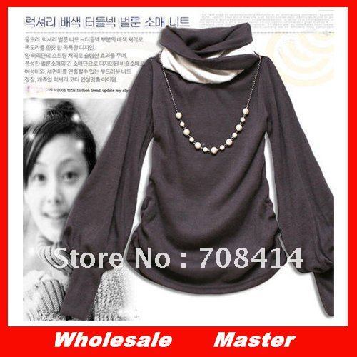 Free Shipping Wholesale Cotton New Fashion Lantern Sleeve Women's Shirt Long-sleeved T-shirts 4 colors JS1009