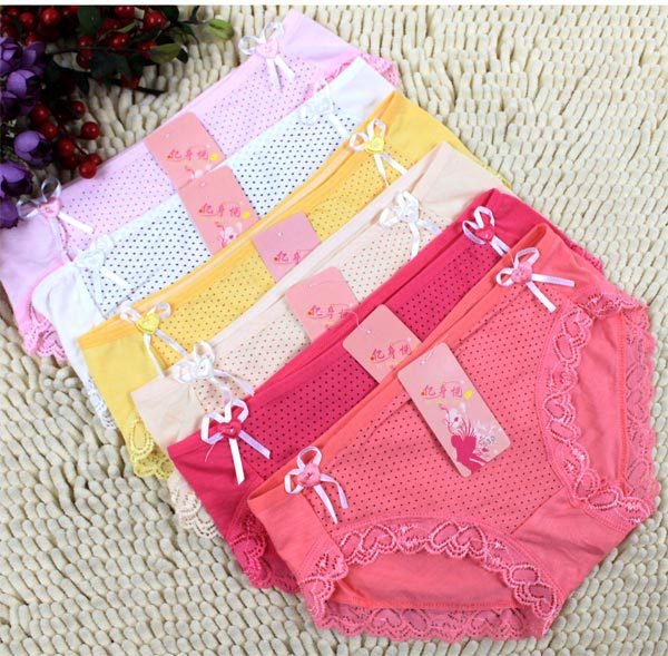 Free Shipping Wholesale Dot Bowknot Lace Trim Cotton Mid Waist Women Panties Briefs Underwear Lace Women's Sale Underwear  ac153