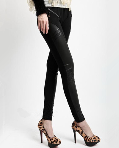Free Shipping Wholesale Fashion Black Faux Leather Panels Leggings Skinny Women's Pants Tights
