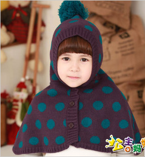 Free shipping wholesale Fashion child 3246 cape sphere belt hat cloak perimeter thermal female child dot style cloak