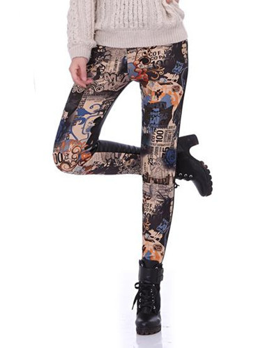 Free Shipping Wholesale Fashion Graffiti Leggings Faux Leather Pants Skinny Women's Pants