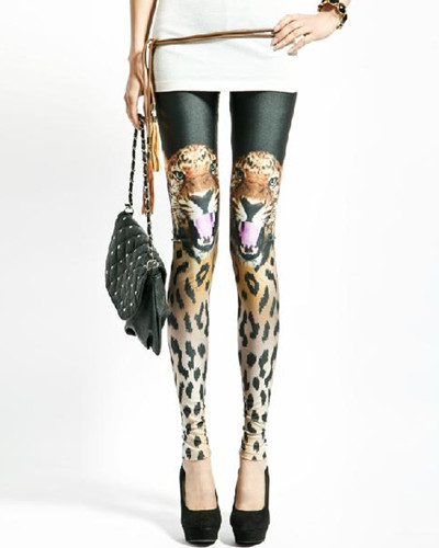 Free Shipping Wholesale Fashion Sexy Faux Leather Leggings Tiger Print Tights Skinny Ladies Pants