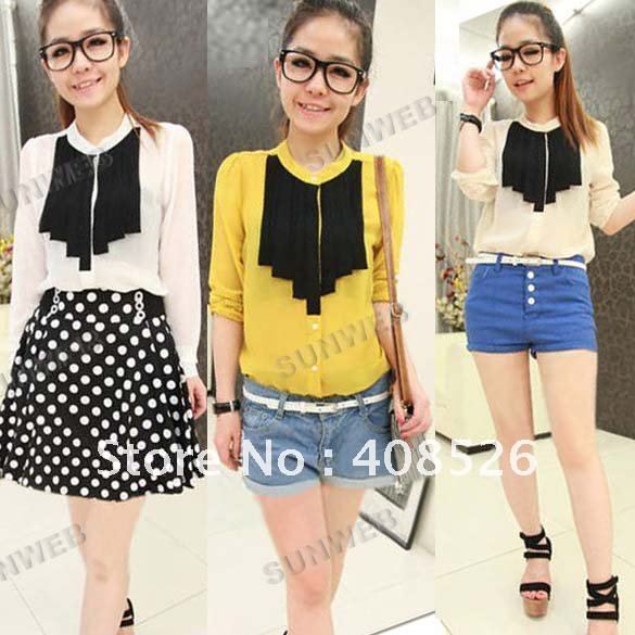 free shipping Wholesale Fashion Women Lady See Through Chiffon Long Sleeve Blouse Top Shirt 3 colors 7251