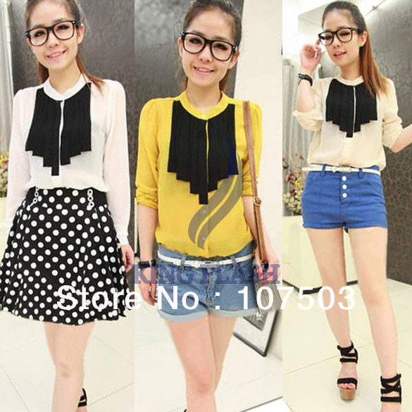 free shipping Wholesale Fashion Women Lady See Through Chiffon Long Sleeve Blouse Top Shirt 3 colors 7251