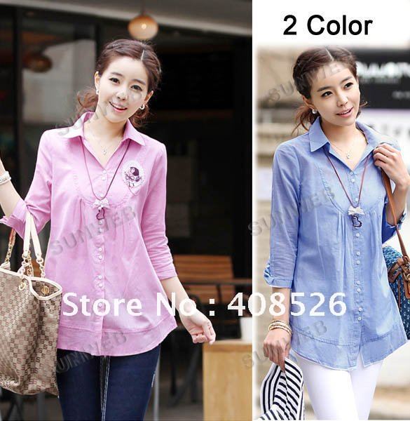 free shipping Wholesale fashion womens slimming shirts/cottons 3/4 long sleeve blouse tops  Blue, Pink 7323