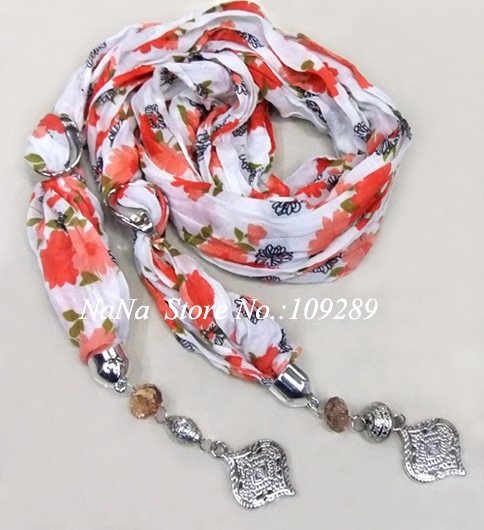 Free shipping, wholesale, flower fabric jewelry pendant scarf, necklace scarves, 12pcs/lot mixed colors, 170*50cm