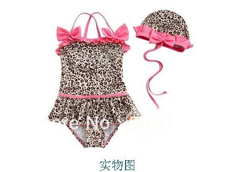 Free Shipping Wholesale - Girl Swimwear Kids braces Leopard Swimwears jump Swimwear bowknot Swimwears+hat Beachwear