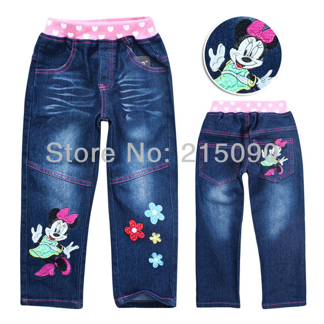 Free shipping, Wholesale girls jeans, kids Minnie Mouse trousers,Children straight denim pants,baby cotton wash water jeans