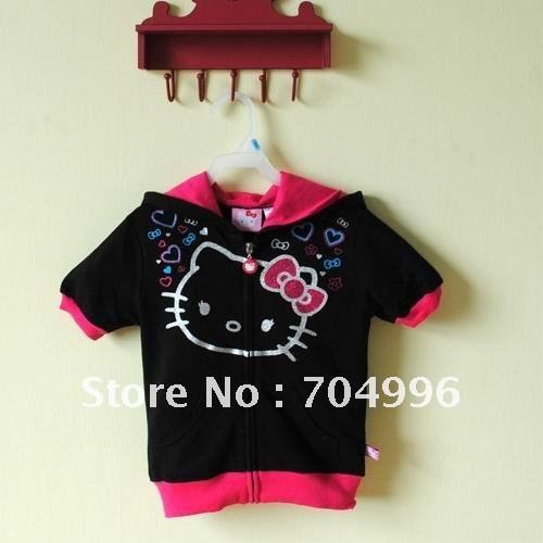 Free Shipping- wholesale girls short sleeve zip up hello kitty hoodies, hello kitty sweatshirt (MOQ: 1 lot=5pcs)