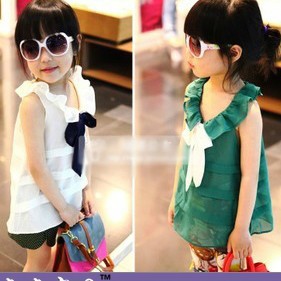 Free Shipping Wholesale Girls Summer 13 Chiffon Shirts Children Toddler Fashion Clothes Kids Ribbon Tank Tops Bloues 5pcs/LOT