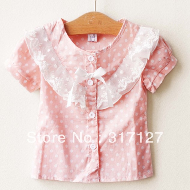 Free Shipping Wholesale Girls Summer 2013 Dots Shirts Children Toddler Cotton Lace Blouse Baby Kids Fashion T shirts 5pcs/LOT