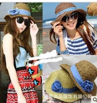 Free Shipping - wholesale hat M412 blue flowers can be folded paper hat