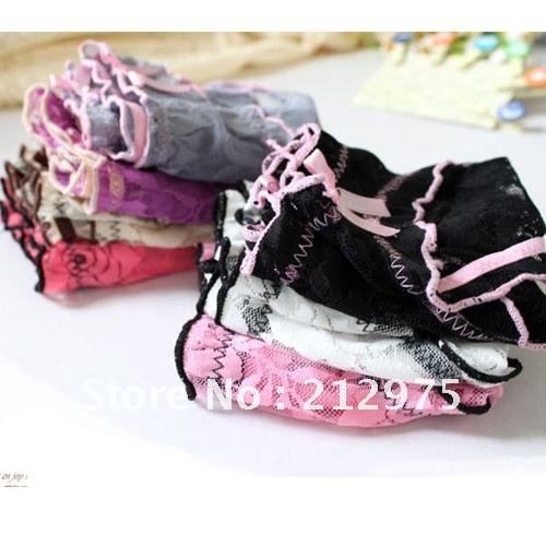 Free Shipping+Wholesale High Quality Hollow Roses Sexy Bow Lace Panties 5 Colors Mix Order