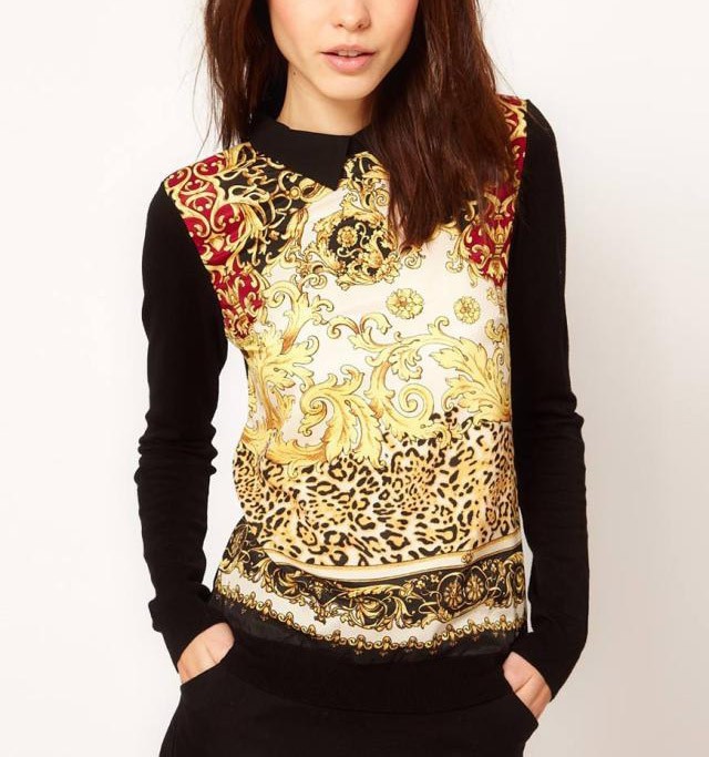Free shipping wholesale high quality Spring 13 Vintage stamp Lapel splicing sleeve sweaters women's sweaters chiffon and cotton