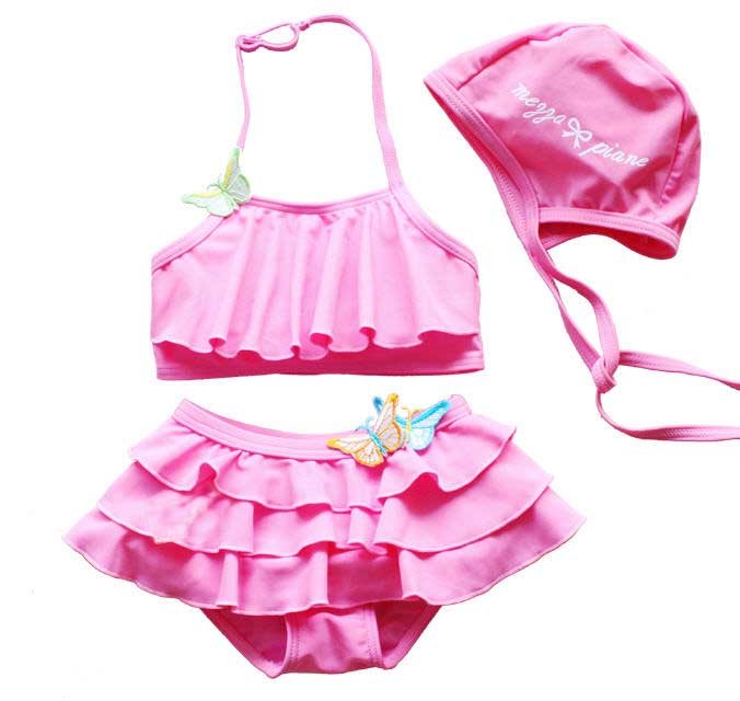 Free shipping Wholesale  Kid's /girls' pink swimwear with butterfly separate suit thin strap mini skirt Hot Sell,5 sets/lot!