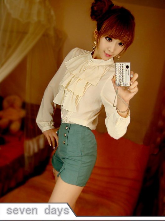 Free Shipping Wholesale Korean Clothes, Ruffle Single-breasted Neck Line Long  Sleeve Shirt LA040403