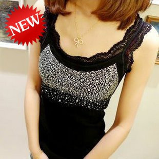 Free shipping, wholesale lace decoration rhinestones solid color all-match spaghetti strap vest basic shirt tank popular female