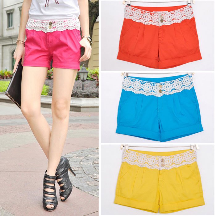 Free Shipping Wholesale Ladies Fashion Stitching Lace Candy Colored Shorts Women, Lace Shorts Pants S/M/L/XL BK1921SK