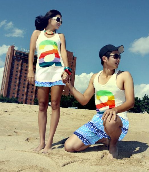 free shipping wholesale Lovers set beach clothes Men beach pants shorts Women beach dress vest