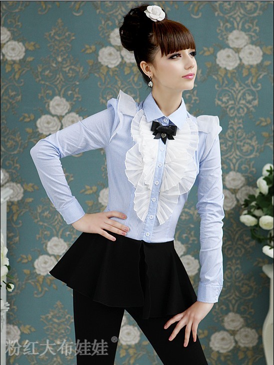 free shipping wholesale manufacturers supply Blue and white fine stripe ruffle pressure pleated bubble long-sleeve shirt 650