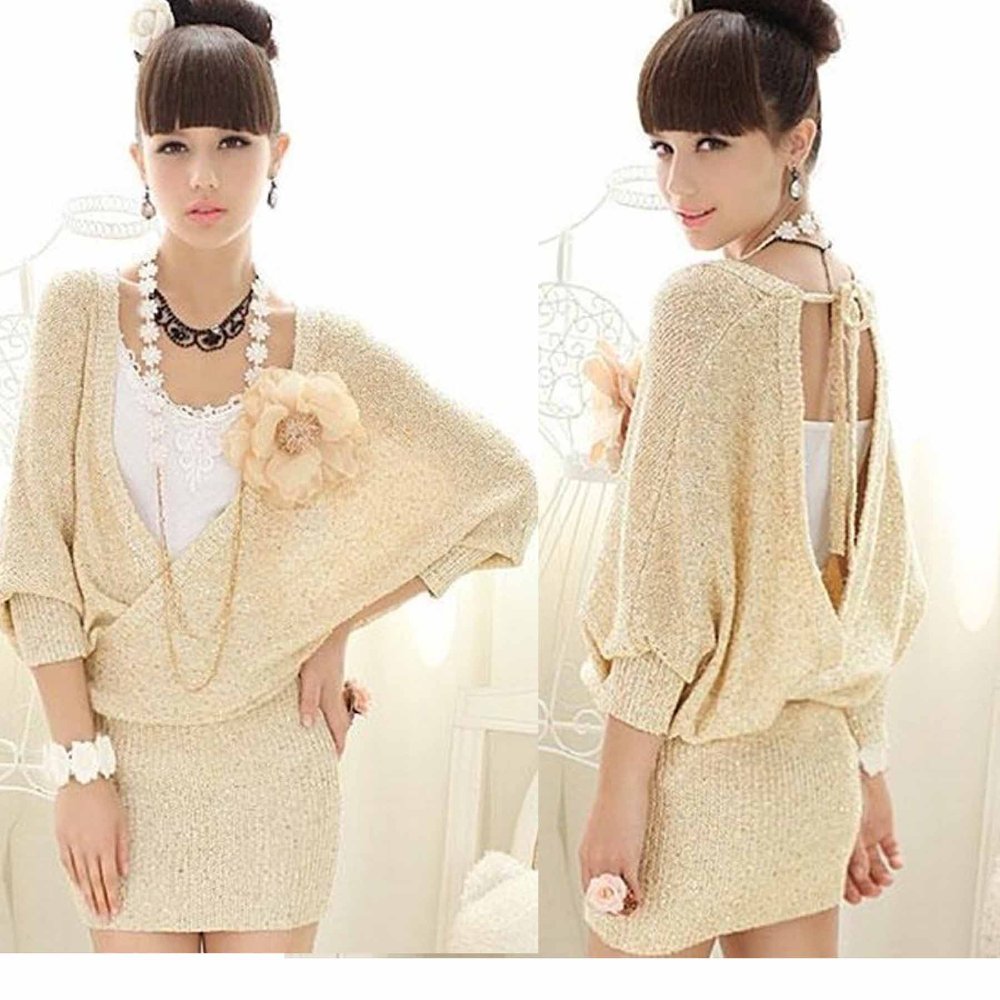 free shipping wholesale manufacturers supply Women's Beige Sequin deep V collar bat sleeve Knit Dress(MOQ: 1pc) #8282