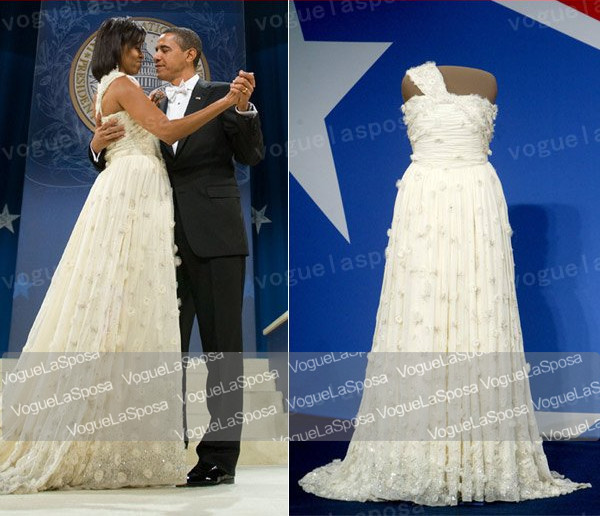 Free shipping wholesale Michelle Obama In white chiffon 3D flower one shoulder evening dress on Public Inaugural Ball 2009